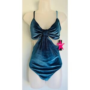 Just Polly New York Teal Velvet Body Suit Large NWT